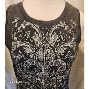 F37 Maurices Gray Moto Tank Fluer De Lis Design & Silver Studs Laced up Back Med